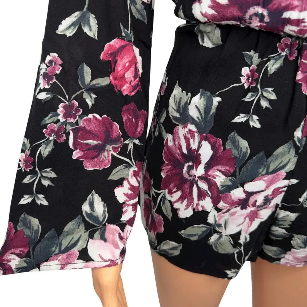 Romantic Goth Floral Romper with Lace-Up Back XS Modern Boho Festival LA Hearts